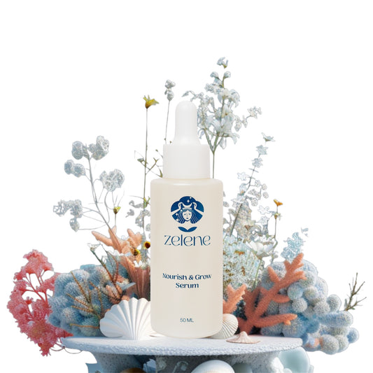 Nourish and Grow Serum bottle with decorative elements on a white background